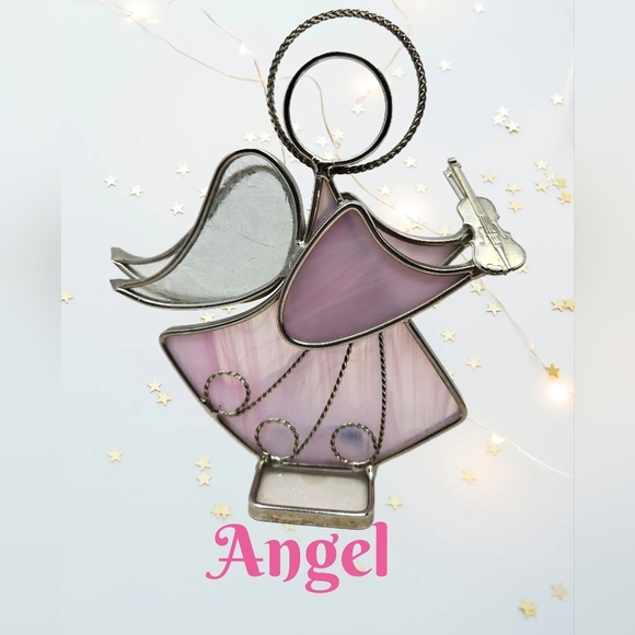Pink Stain Glass Angel Holding A Violin Metal & Glass Figurine **FLAW** - Picture 1 of 10